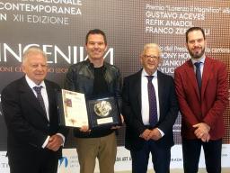 Francisco Souto (second from left) receives the Lorenzo il Magnifico Award for works on paper at the XIIth edition of the Florence Biennale in Italy.