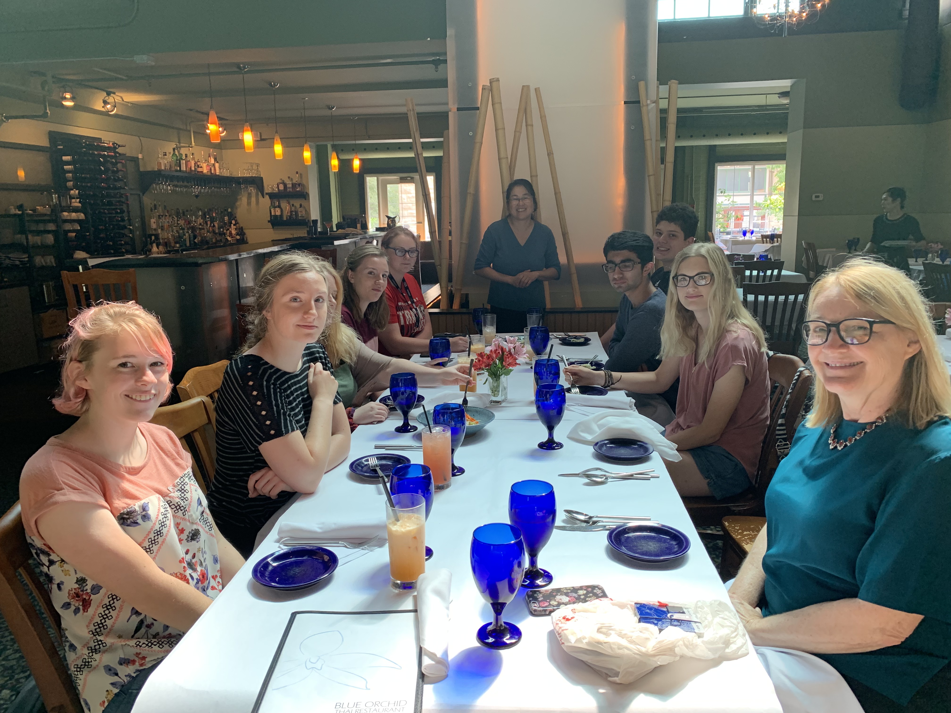 Students in the Global Engagement Learning Community enjoy a Thai meal at Blue Orchid, meet the owner, Malinee Kiatathikom, learn about Thai food and meet Dean Amy Struthers.