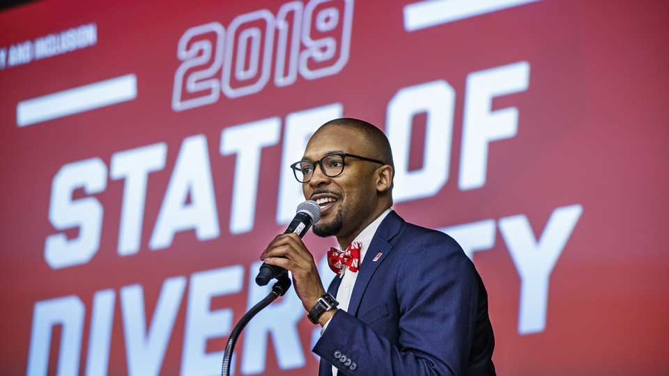 Marco Barker, vice chancellor for diversity and inclusion, welcomes the crowd for the State of Diversity event in the Ballroom of Nebraska Union Oct. 29.