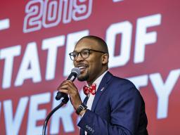 Marco Barker, vice chancellor for diversity and inclusion, welcomes the crowd for the State of Diversity event in the Ballroom of Nebraska Union Oct. 29.