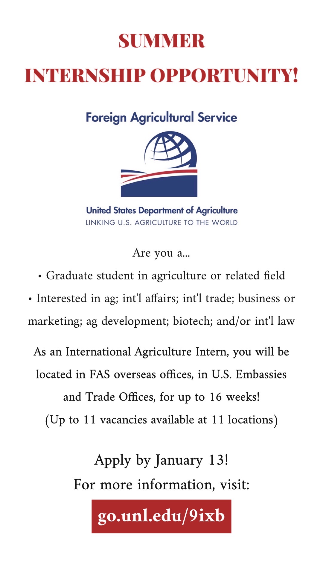 Summer opportunity for USDAFAS International Agricultural Internship
