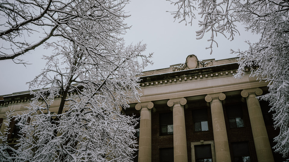 Ice crystals cover trees near the south entrance to Pound Hall. The building, located northeast of the intersection of 12th and R streets, is the new home to Nebraska's Services for Students with Disabilities office.