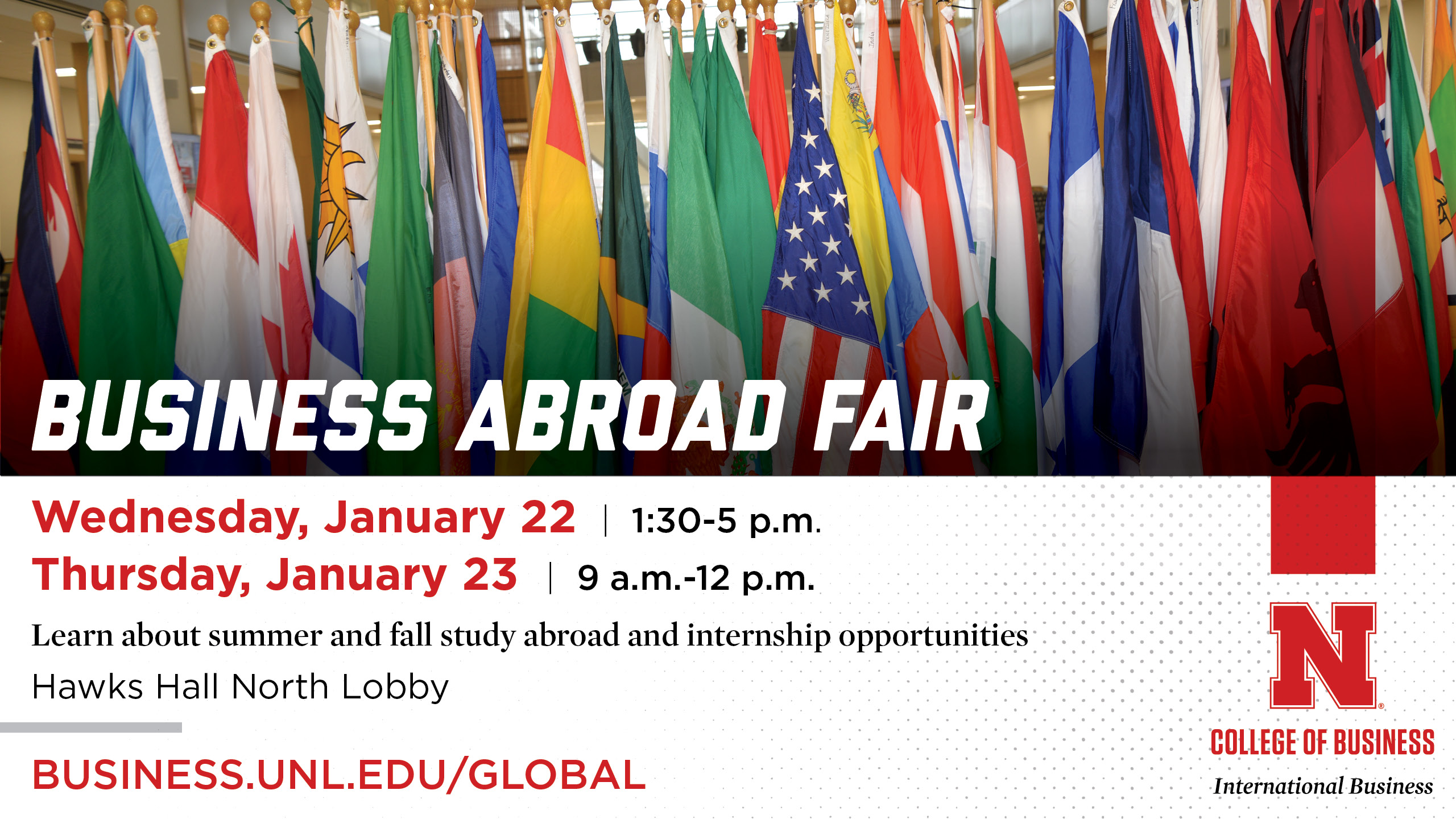 Business Abroad Fair Jan 22 and 23 in Hawks Hall North Lobby