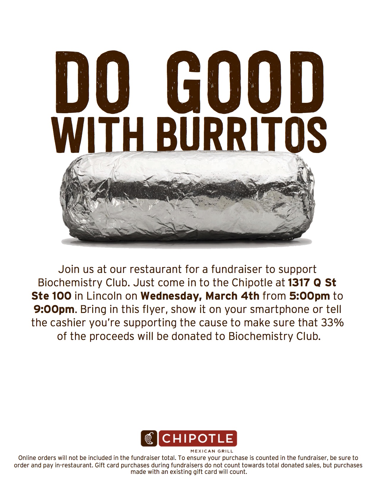 Chipotle Fundraiser from 5– 9 p.m. on Wednesday, March 4. 