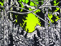 Josh Winkler, “the light of the green tunnel,” color woodcut, 20” x 16”, 2018.