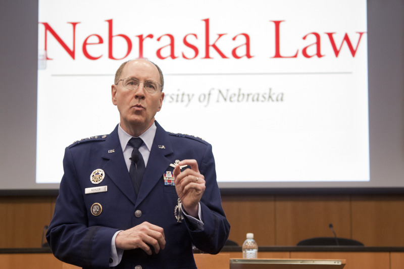 Gen. C. Robert Kehler, Commander, U.S. Strategic Command, Offutt Air Force Base, speaks at the Law College last April. Kehler oversees operations for all Department of Defense space and cyberspace operations.