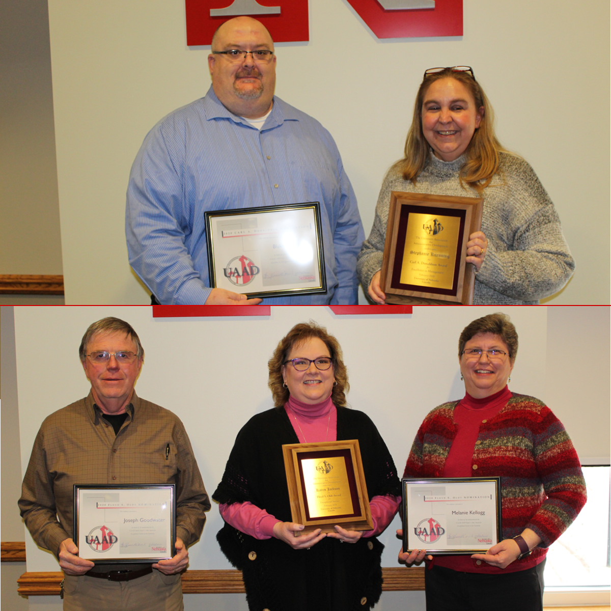 Top row: 2020 Carl A. Donaldson Award for Excellence in Management Nominees: Blake France and Stephanie Kuenning. Not pictured: Carrie Jackson. Bottom row: 2020 Floyd S. Oldt Award for Exceptional Service and Dedication Nominees: Joe Goodwater, Karen Jack