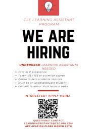 The Learning Assistant Program is looking to hire Learning Assistants for the Fall 2020 semester for CSE 155 and 156.
