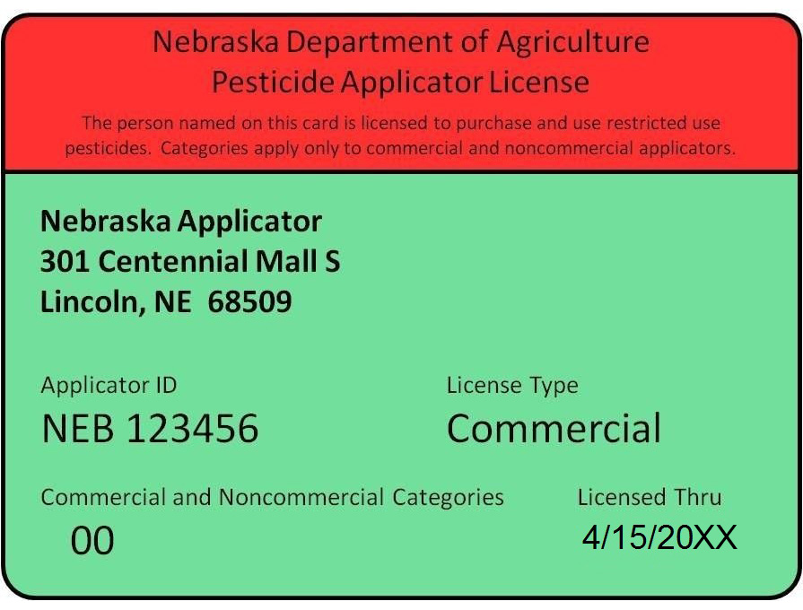 An example of a Nebraska pesticide applicators license, provided by the Nebraska Department of Agriculture.