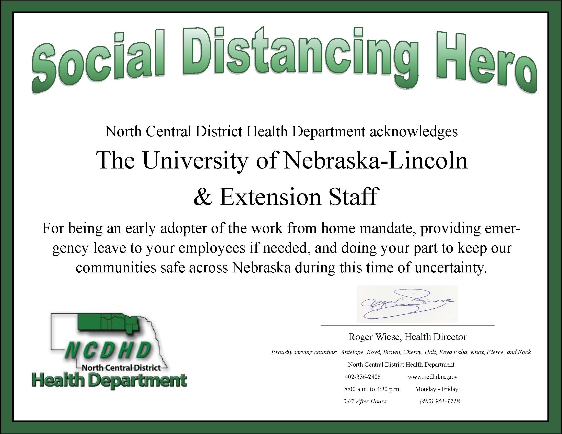 Social distancing hero certificate awarded to Nebraska Extension