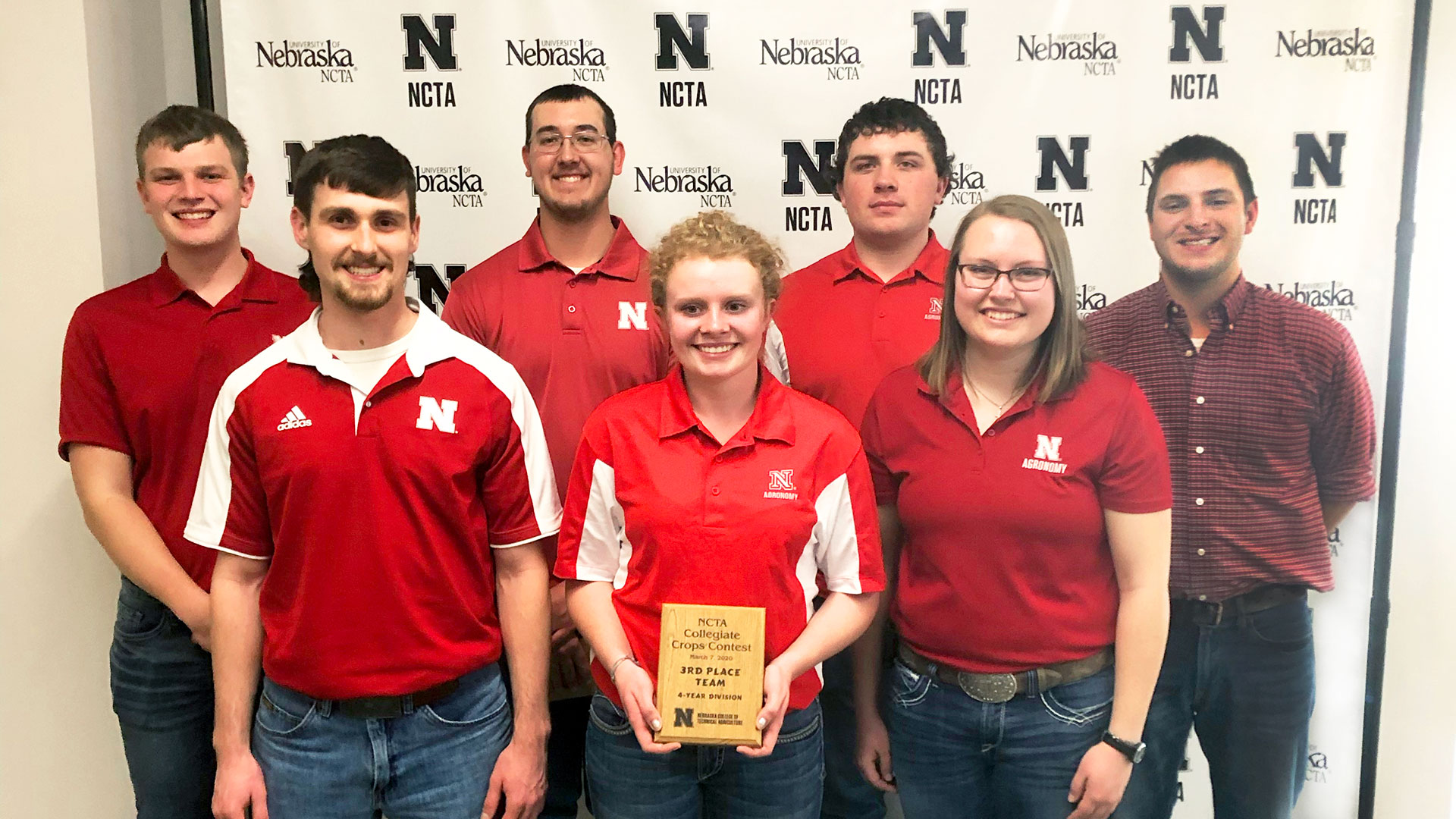 The UNL Crops Judging Team places third at the NCTA Collegiate Crops Contest March 7. The team includes Jared Stander (from left), Justin Zoucha, Korbin Kudera, Sarina Janssen, Jacob Vallery, Katie Jo Steffen and Adam Stiegel, team coach.