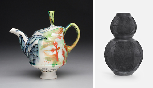 Left: Taylor Sijan’s Teapot, cone 6 oxidation porcelain with underglaze, 8" x 8" x 5.5", 2020; Right:  Andy Bissonnette’s Gourd Vase, stoneware and terra sigillata, carved, burnished, fired to cone 06 and reduced in sawdust, 11”w x 18”h, 2019.