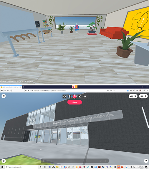 Top: Abby and Ally Hall’s Mozilla Hubs room, which is a virtual store where visitors can buy digital wearables with currency. Bottom: The virtual Johnny Carson Center for Emerging Media Arts in Mozilla Hubs.