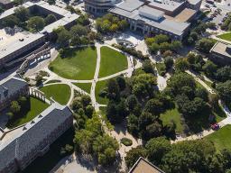 Aerial view above city campus.