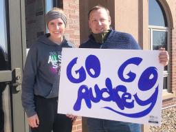 Audrey Kreun, a first-year accounting major at the University of Nebraska–Lincoln, recently ran a virtual half-marathon through Campus Recreation. Kreun is pictured here with her father, Mark, who was one of many family members and friends who cheered her