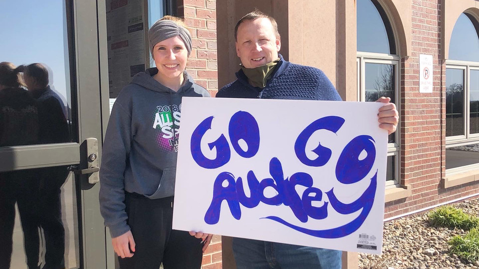 Audrey Kreun, a first-year accounting major at the University of Nebraska–Lincoln, recently ran a virtual half-marathon through Campus Recreation. Kreun is pictured here with her father, Mark, who was one of many family members and friends who cheered her