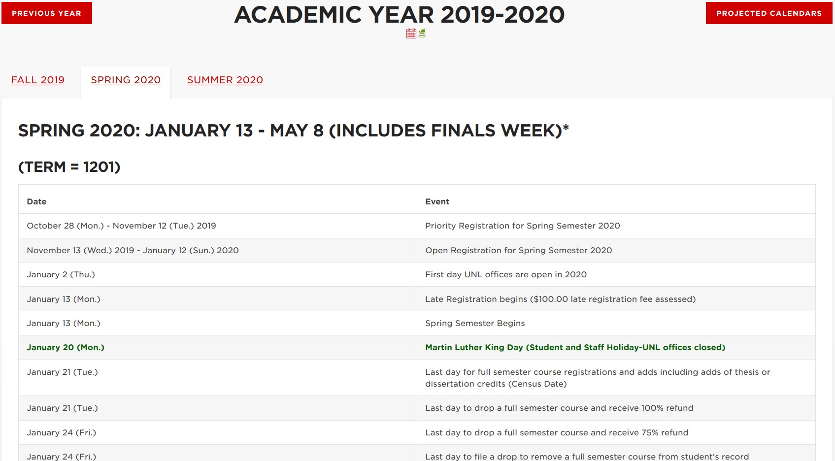 Important Academic Dates Announce University of Nebraska Lincoln