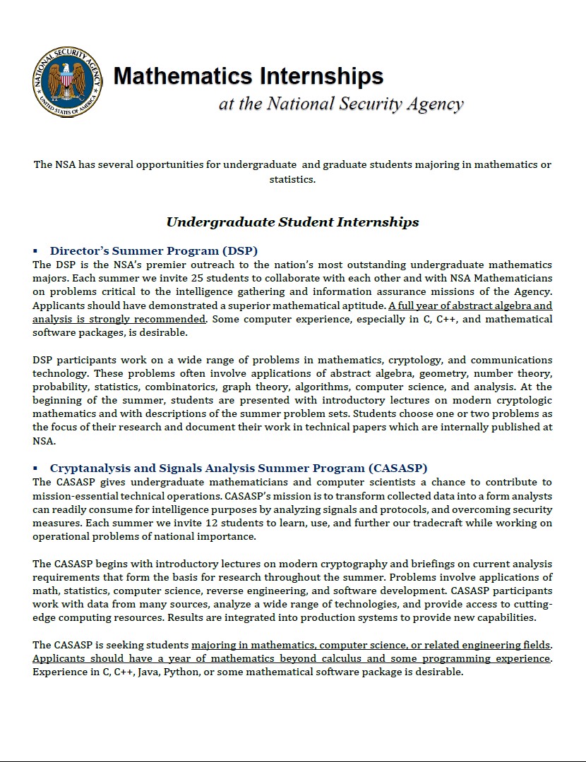 Mathematics Summer Internships at the National Security Agency