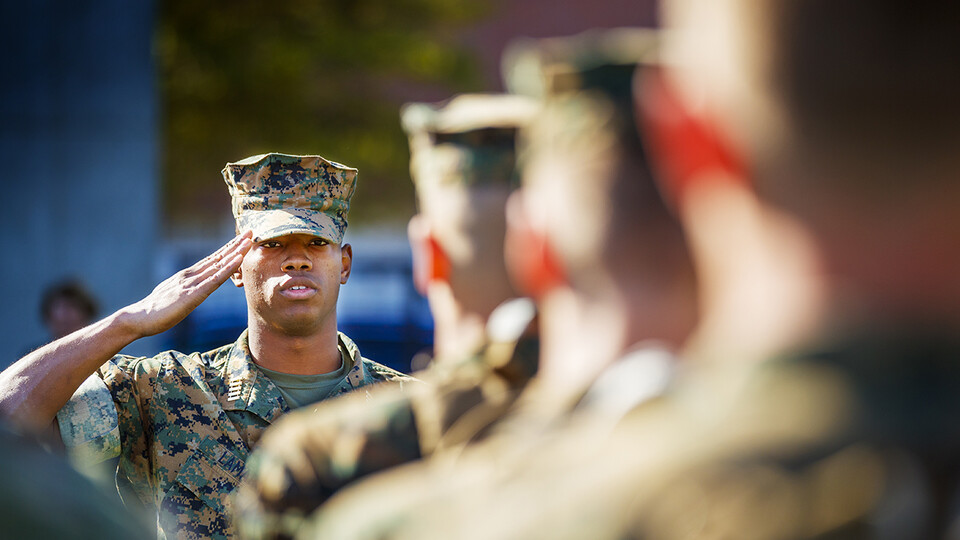 Ramarro Lamar (left) was among 26 cadets in the University of Nebraska–Lincoln Reserve Officer Training Corps who received military commissions May 8-12. He was commissioned a second lieutenant in the U.S. Marine Corps during a virtual ceremony May 9. 