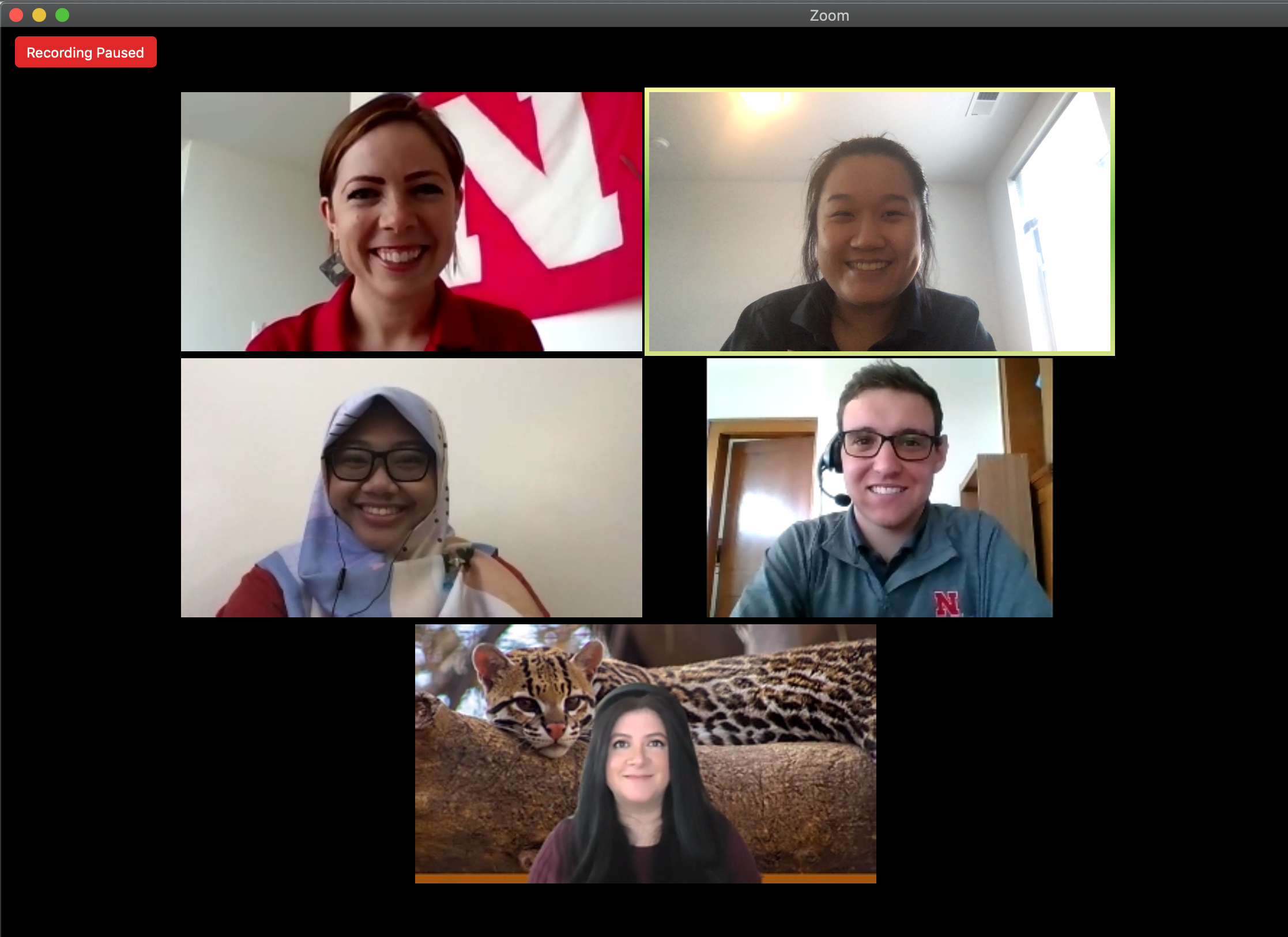 International graduate students (second row L to R: Kiki Rizki Amalia and Agustín Olivo, third row: Gabriela Palomo-Munoz) participate in an online panel discussion, moderated by IANR Global Staff Brianne Wolf and Yi Xuen Tay (first row, L to R).