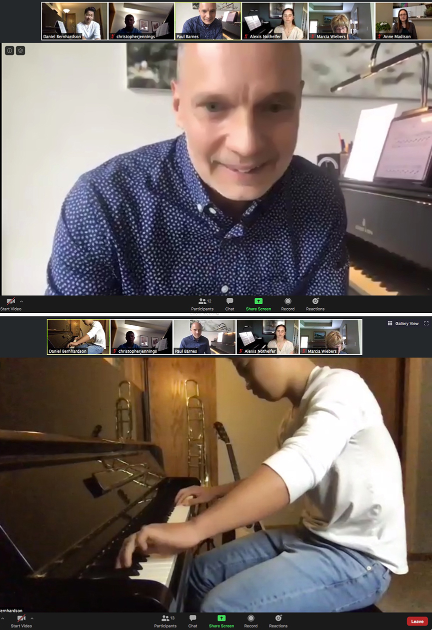Top: Paul Barnes teaches a piano masterclass for Nebraska Young Artist Award pianists on May 16. Bottom: Daniel Bernhardson of Lincoln Christian School performs Claude Debussy's Fireworks from Preludes, Book Two.
