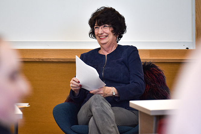 Strive to Thrive Lincoln donor Rhonda Seacrest speaks with the Spring 2020 class.