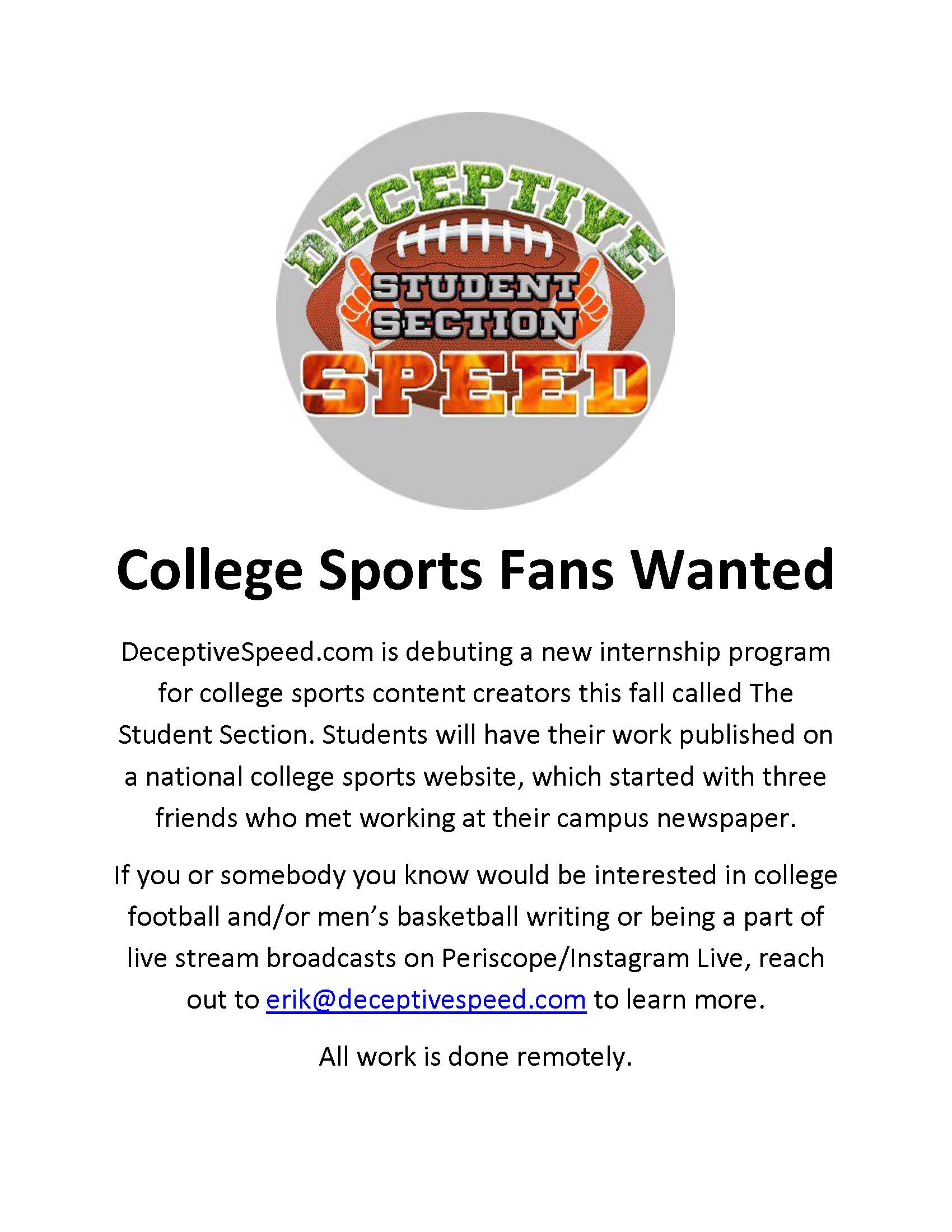 College Sports Fans Wanted - Deceptive Speed