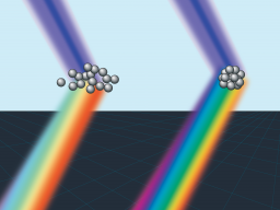 Extreme laser light (blue) illuminates two electron bunches.  The emitted many-colored light is effected by the size of the bunch, allowing scientists to retrieve the bunch size by measuring the light.