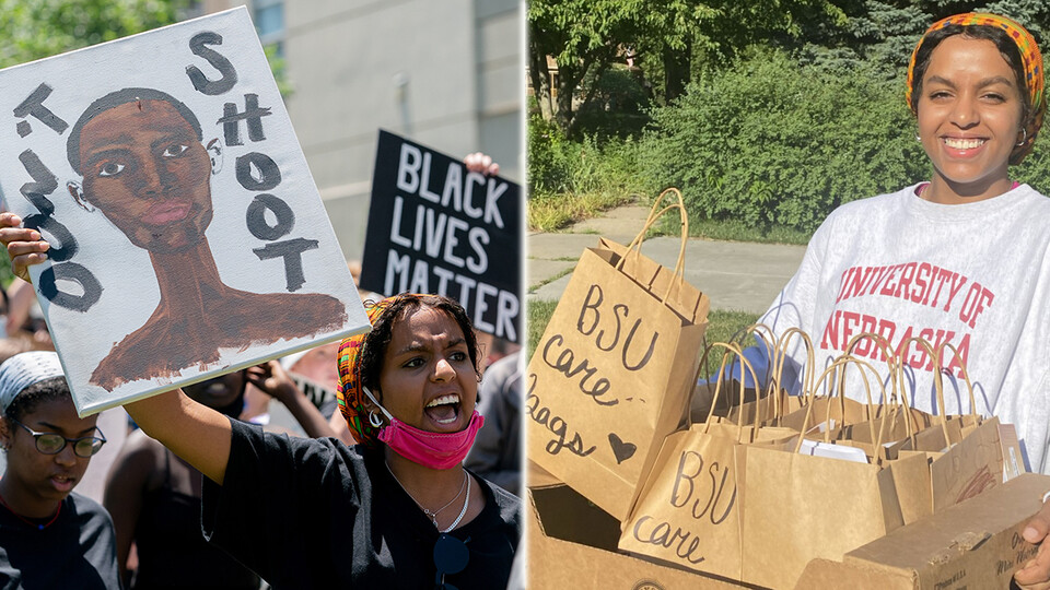 After George Floyd's death, Nebraska student Batool Ibrahim participated in protest marches in Lincoln (left) and helped organize an outreach project, Black Student Union Care Bags, providing wellness items to community members in need. 