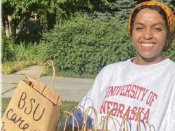 In the days after the death of George Floyd in Minneapolis, Nebraska student Batool Ibrahim participated in protest marches in Lincoln (left) and helped organize an outreach project that is providing wellness items to community members in need. The Black 