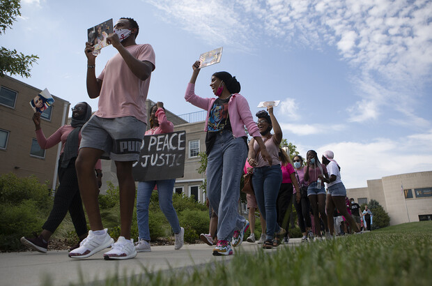 Members of the Black Student Union and the Lincoln community march during the Say Her Name Rally and Chalk Walk on July 3. The event was dedicated to Oluwatoyin Salau, a Black Lives Matter protester who was murdered in Florida, and other black women who h