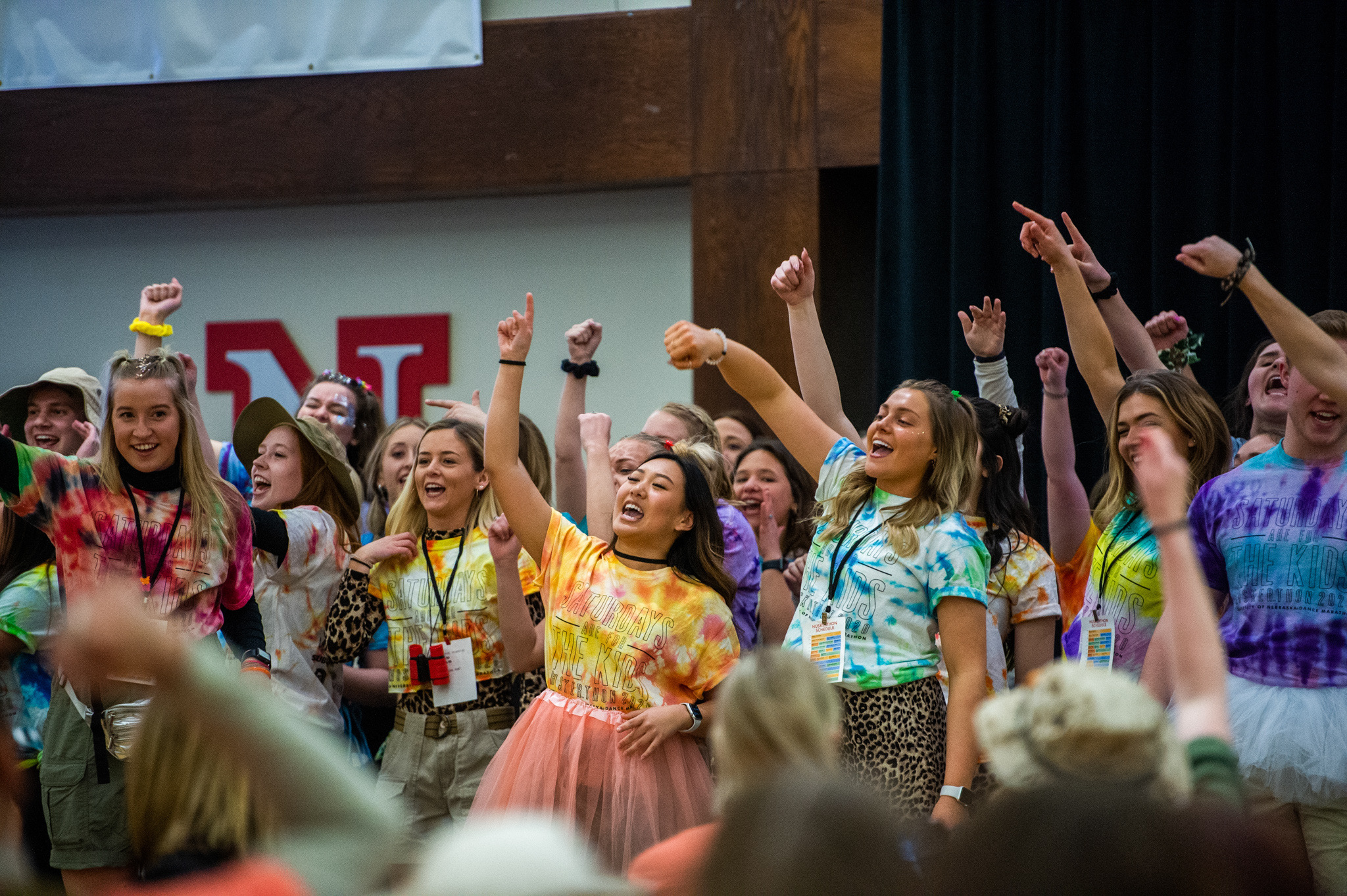 Morale Captains energizing the crowd at Huskerthon 2020.
