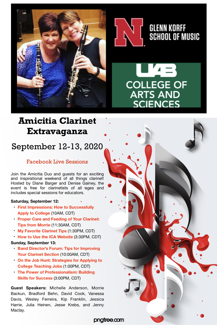 The Amicitia Clarinet Extravaganza, featuring a weekend of free webinars via Zoom and Facebook Live for clarinetists of all ages, will be held Sept. 12-13. The event is free and open to clarinetists of all ages.
