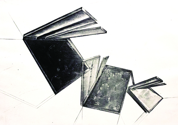 Amanda Durig, “Impossible Alternatives,” line etch, aquatint, soap ground on paper mounted to panel, 25 ¾” x 17 ¾” x 5/8”, 2020.