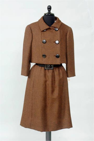 1960s box suit, brown wool by Norman Norell, donor Mrs. Marjorie Woods