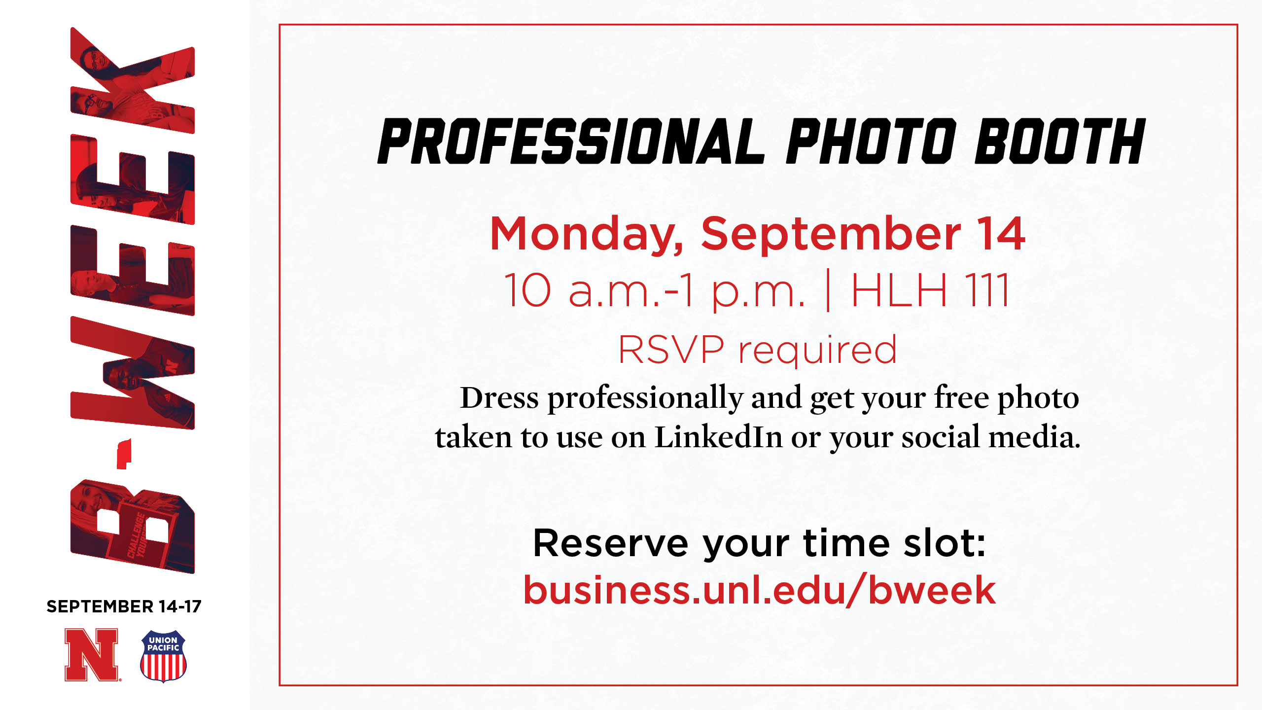 Professional Photos 10 a.m. - 1 p.m., in HLH 111.