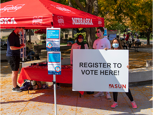 Voter registration events are happening Sept 30, Oct 6, Oct 14, and Oct 15 at the Nebraska Union Plaza. Hosted by the Huskers Vote Coalition and ASUN.