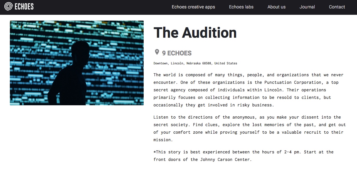 STORY CITY projects, such as Hannah Pedersen's "The Audition" can be experienced throughout the city of Lincoln on Oct. 30 using the Echoes interactive sound walks app. You can also visit carsoncenter.unl.edu on Oct. 30 for a map and a list of stories.