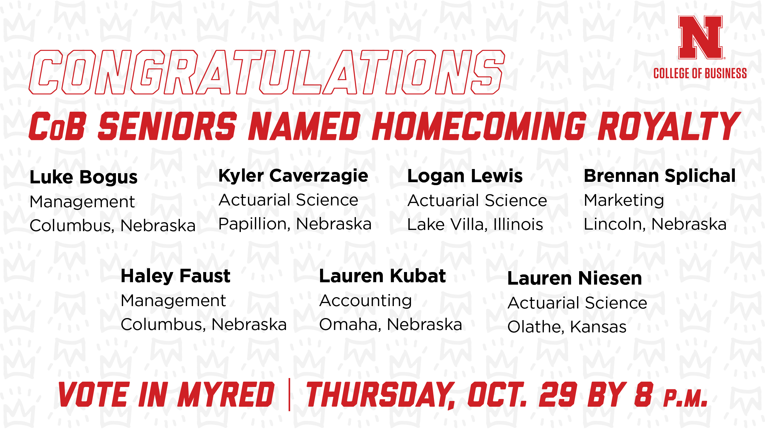 Vote for your CoB Homecoming Royalty | Tuesday October 27 at 8 p.m.