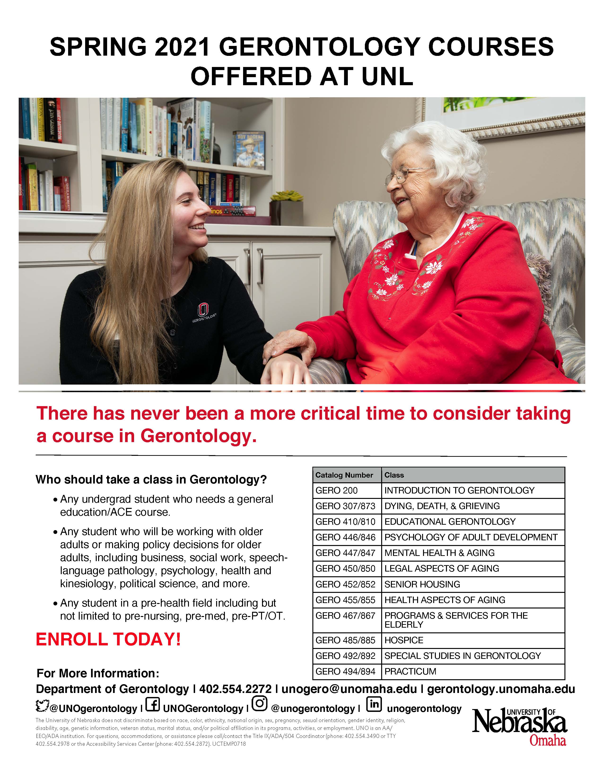 Spring 2021 Gerontology Courses Offered at UNL
