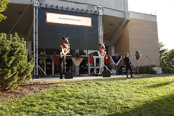 The UNL Opera production of “The Cunning Little Vixen,” featured live performances, puppetry and illustrations projected on an LED screen outside of Kimball Recital Hall on campus. Photo by Taylor Sullivan.