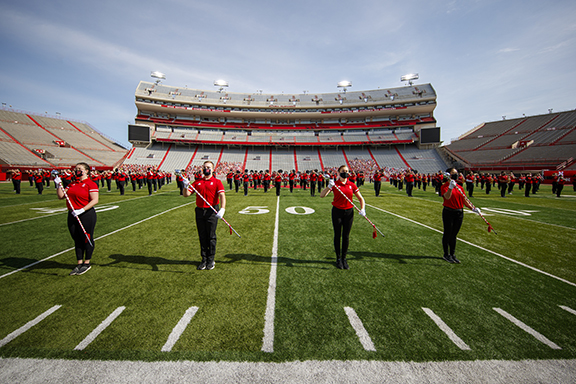 The Cornhusker Marching Band takes the field at Memorial Stadium to record their pregame and halftime performances for the virtual gameday broadcasts. Photo by Craig Chandler, University Communication.