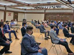 Theta Xi members, shown here earlier in the semester during a fraternal ceremony with social distancing and masks in place, are all getting tested for COVID-19 prior to leaving campus for Thanksgiving.