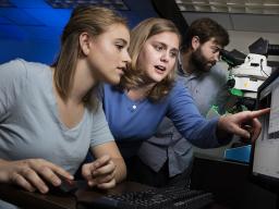Nicole Iverson (center), assistant professor of biological systems engineering at Nebraska, works with then-undergraduate Janelle Adams and graduate student Eric Hofferber in August 2016. 