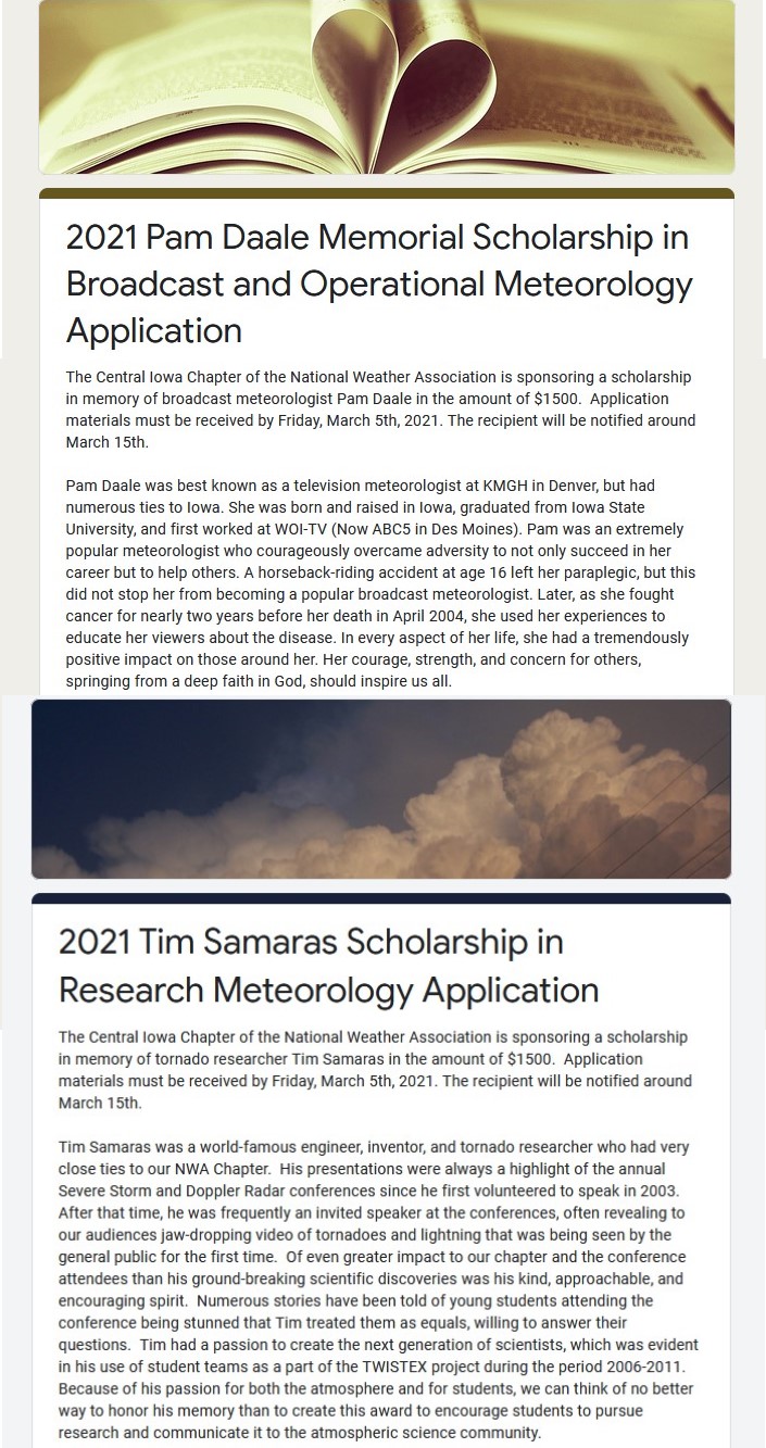 Pam Daale Memorial Scholarship and Tim Samaras Memorial Scholarship