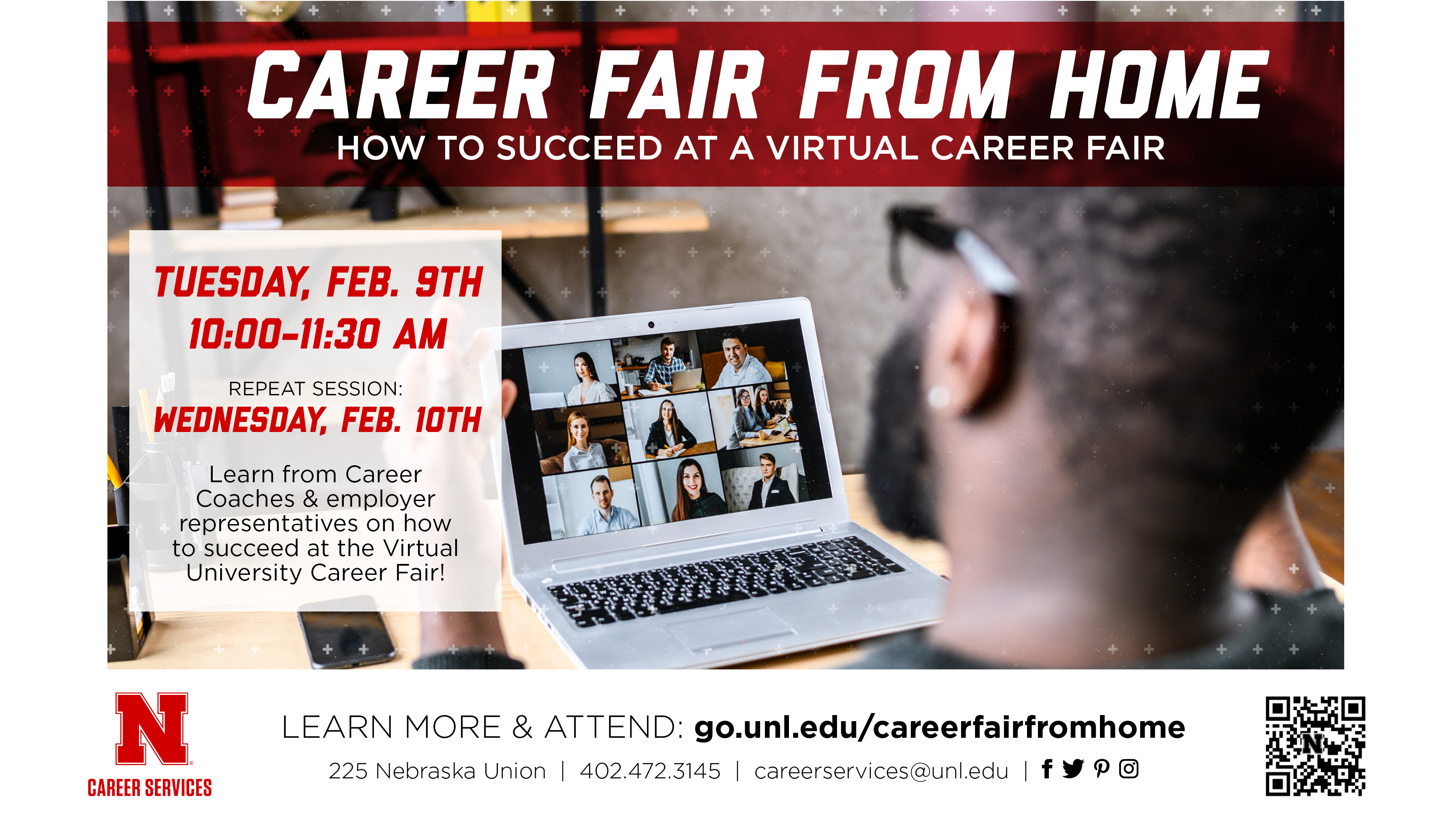 Join University of Nebraska–Lincoln Career Coaches and employer representatives Feb. 9 and 10, to learn how to succeed at the Virtual University Career Fair.