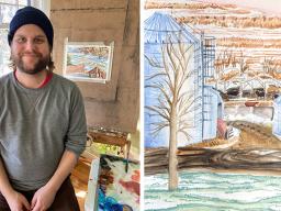 Left: Assistant Professor of Practice Byron Anway in his home studio. Right: Joselyn Andreasen’s View from her Studio Window assignment. 