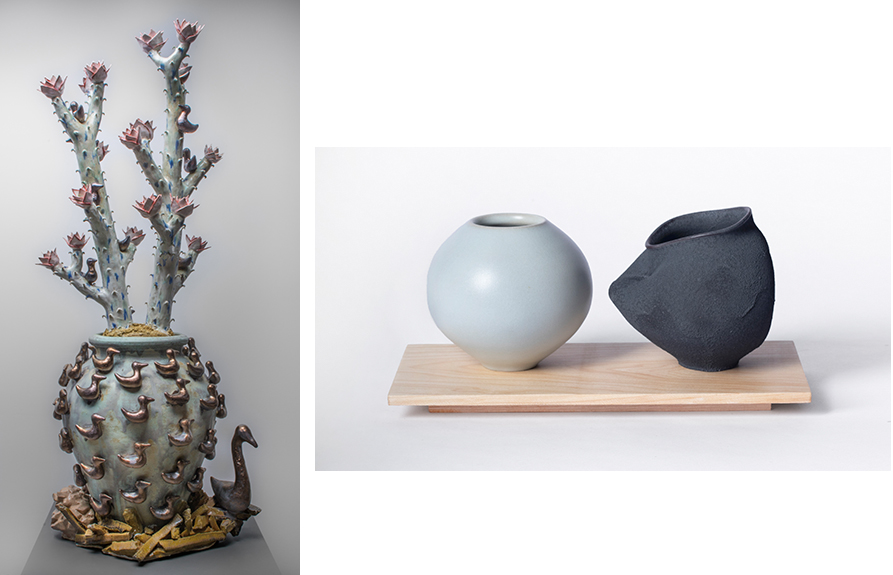 Left: P.J. Hargraves, “Gathering Pot,” 53” x 24” x 24”, ceramic, cone 6 salt fired stoneware, porcelain glaze and rare earth oxide; Right: Max Henderson, Vessels, 2020, 10” x 5” x 6”, porcelain and maple.
