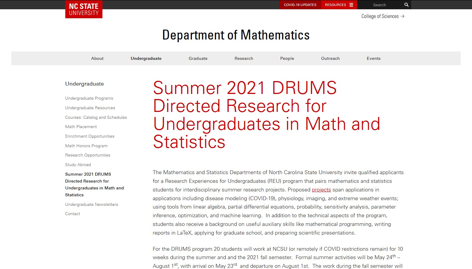 Summer 2021 Directed Research for Undergraduates in Mathematics and Statistics