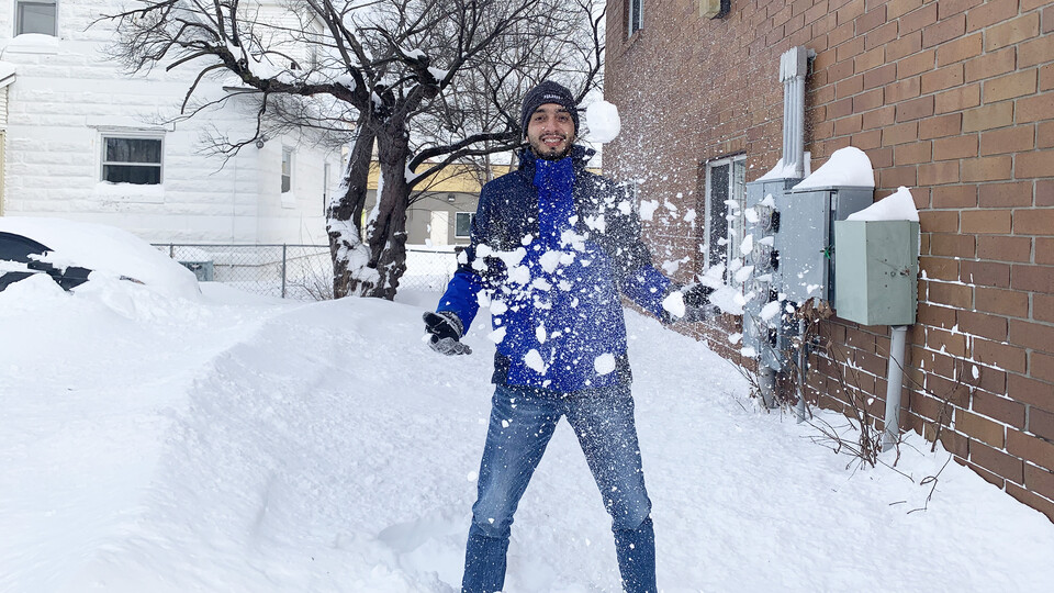 Juan Jiménez, a master's student in the Department of Agronomy and Horticulture, experienced snow for the first time. Jiménez arrived here from Colombia Jan. 22.